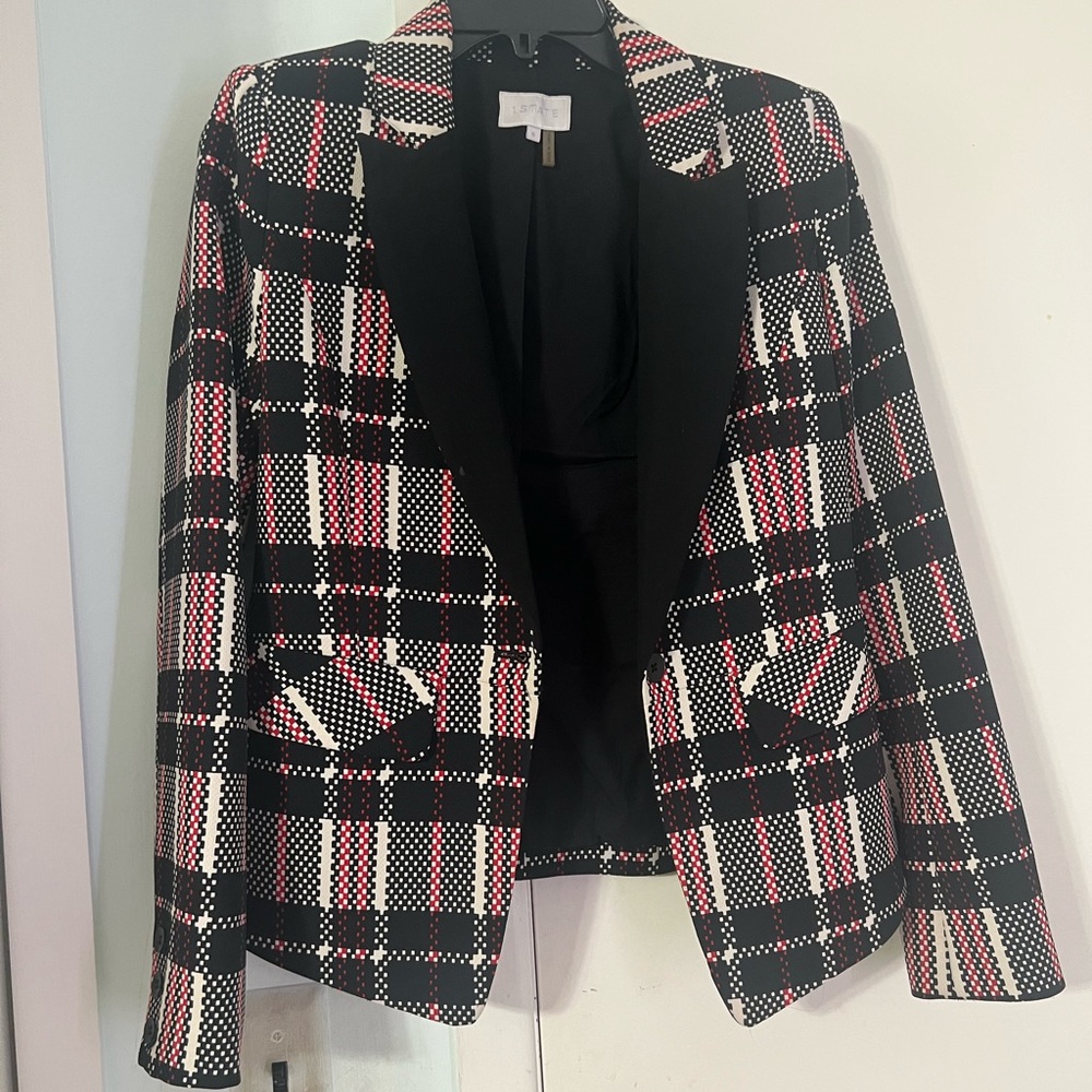 1.State Red Black and Cream Plaid Blazer